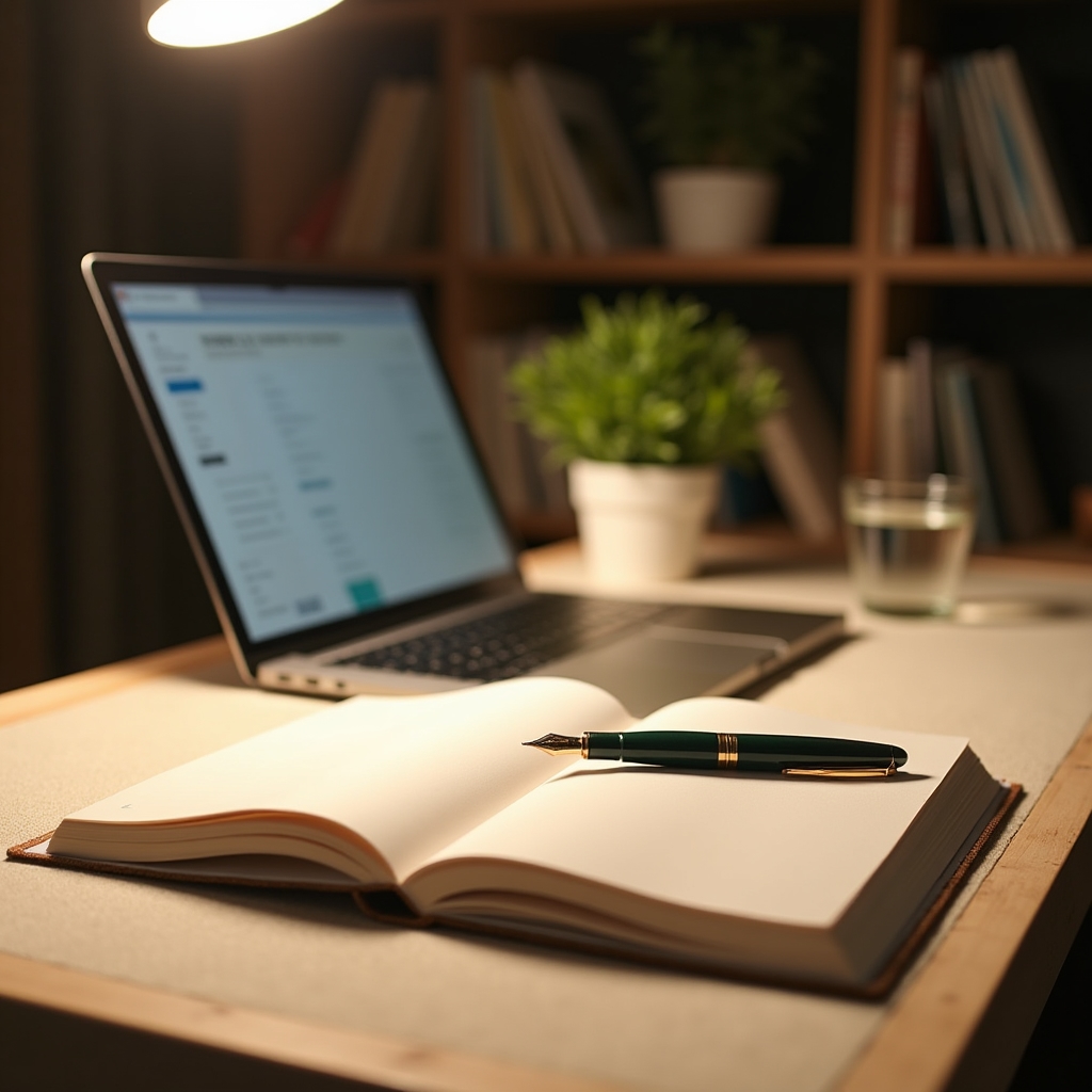Redaktionsarbeitsplatz mit Notizbuch und Laptop